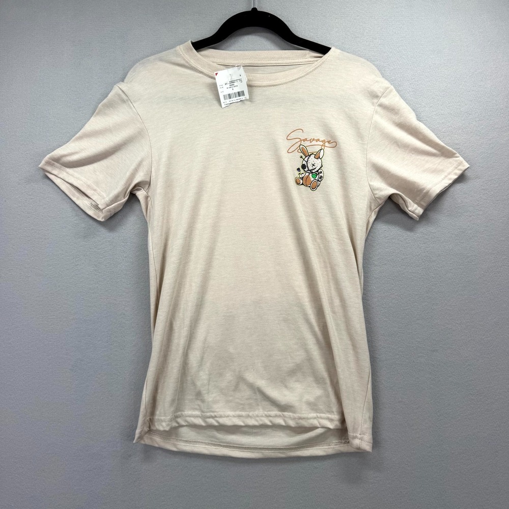 Hustle Savage T Shirt Womens‎ Small Beige Cartoon Bunny Design Graphic Crew New